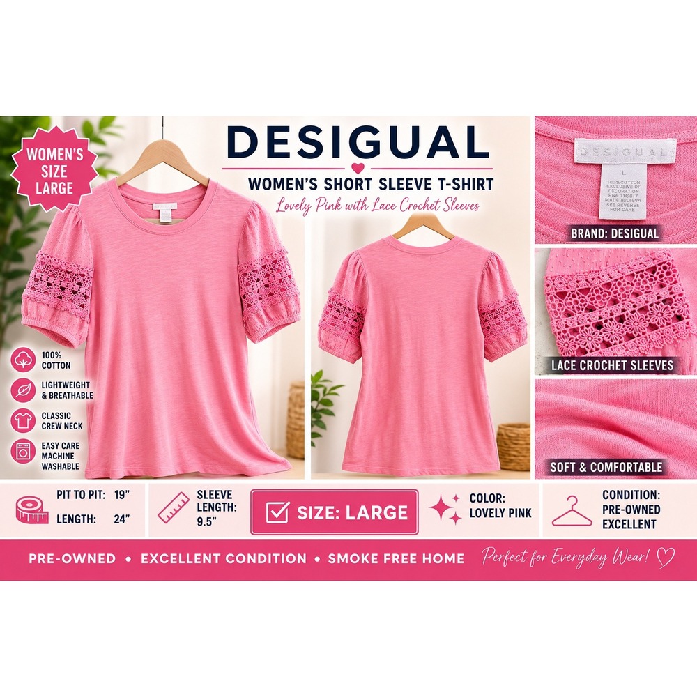 Design History Pink Slub Cotton Crochet Lace Swiss Dot Puff Sleeve Top Large